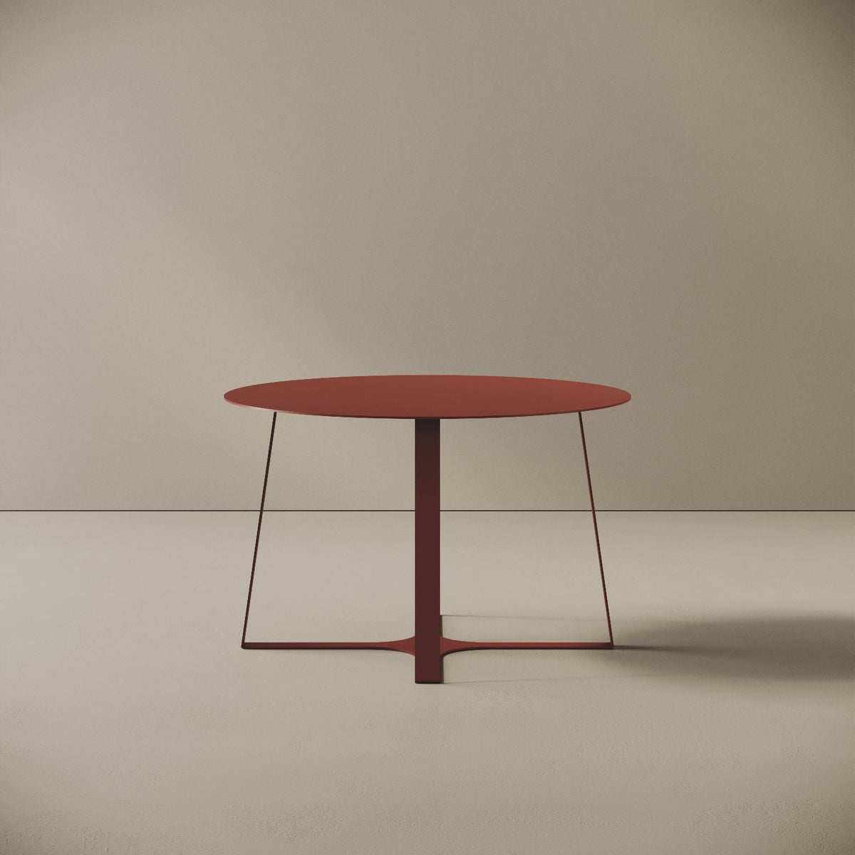 Tavolino da caffè Japan rosso M, vista frontale – struttura in ferro verniciato a polvere epossidica, piano Ø60 cm, base Ø55 cm, h 37 cm