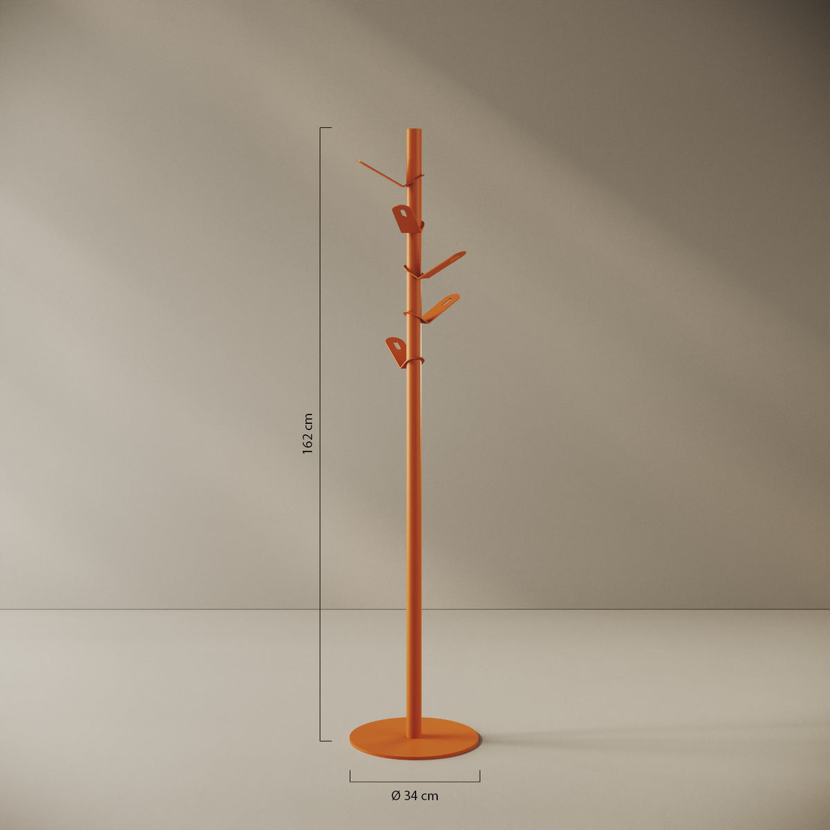 Appendiabiti a terra Leaf arancione — design a foglia, scheda tecnica e caratteristiche in ferro verniciato a polveri epossipoliestere
