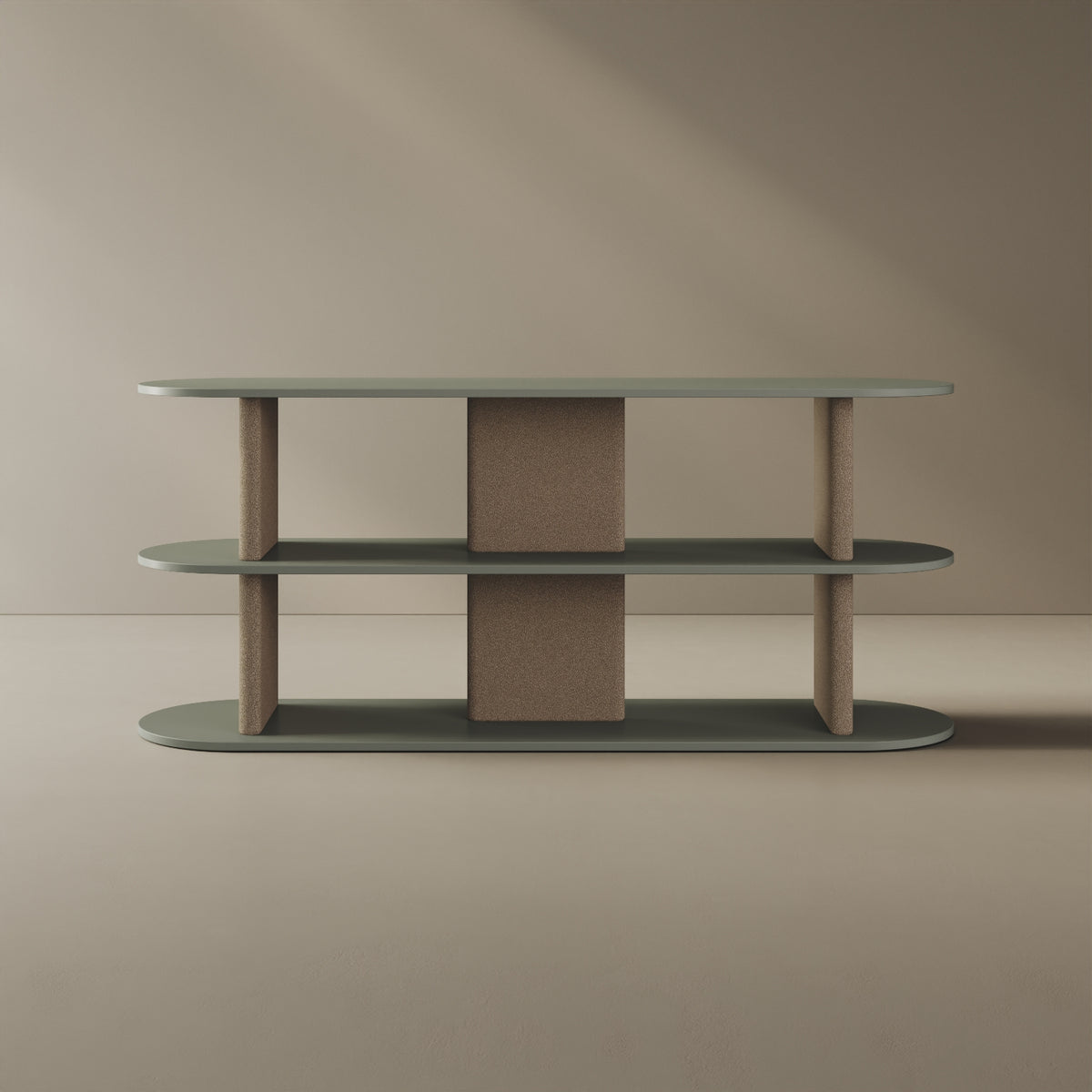 Libreria Strato verde M, vista frontale – libreria design 170x45,5x72,5 cm legno nobilitato e tessuto