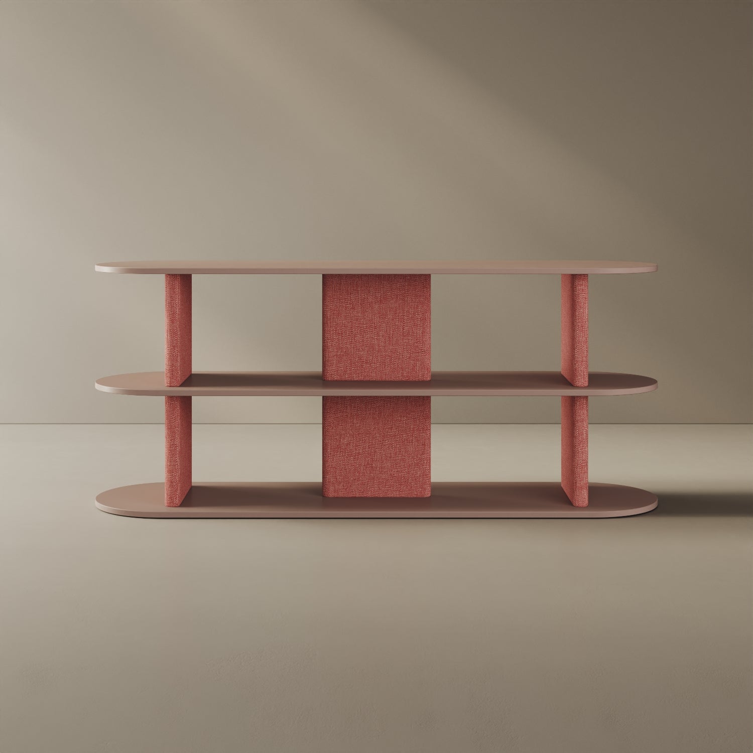 Libreria Strato cipria M, vista frontale – libreria design 170x45,5x72,5 cm legno nobilitato e tessuto