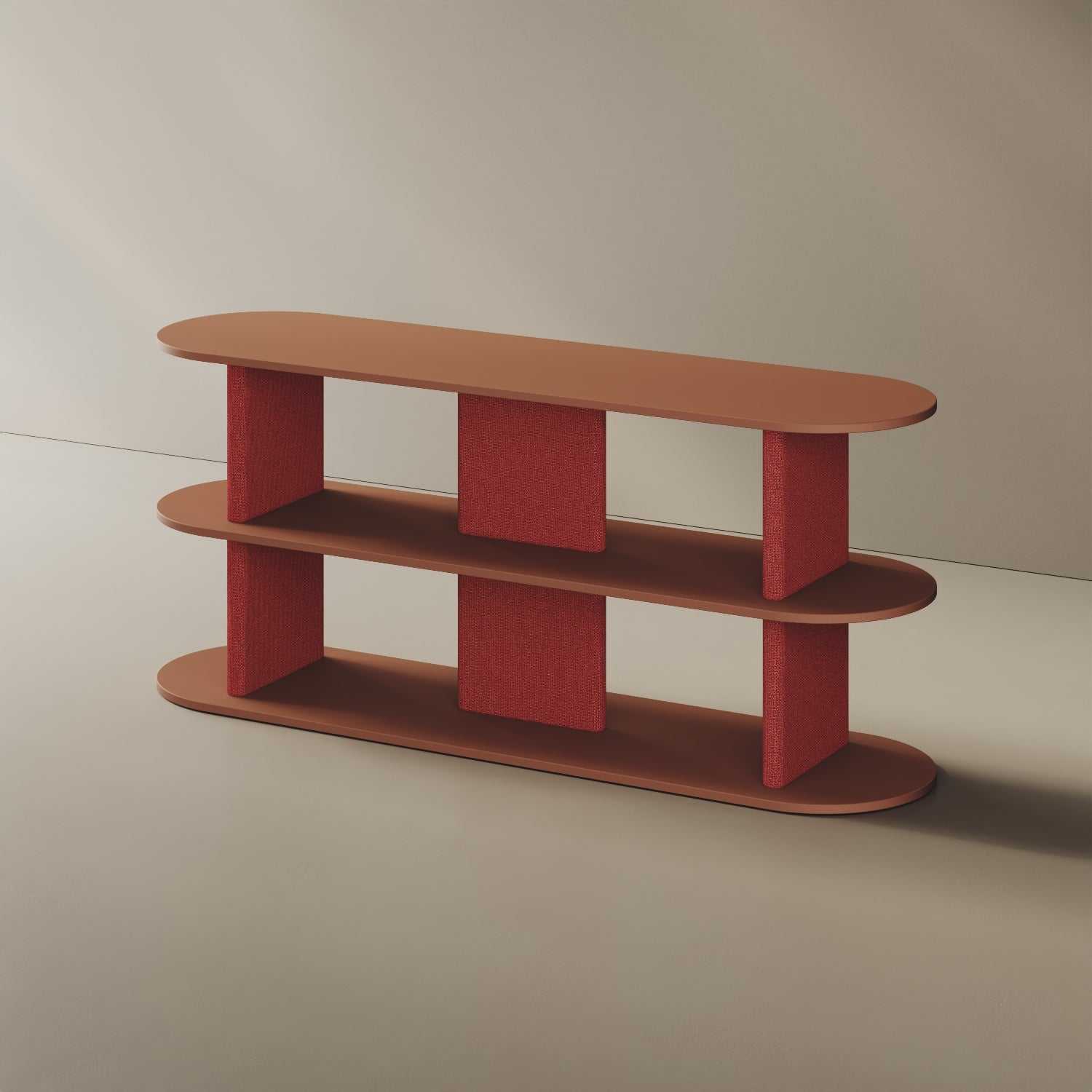 Libreria Strato red curry M, vista laterale – design Mario Alessiani legno nobilitato e tessuto