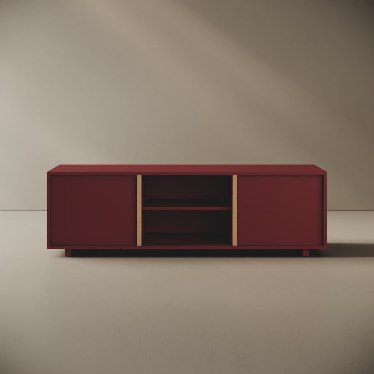 Mobile TV ILE rosso taglia L, vista frontale — legno nobilitato bordato con tagli a 45°, maniglia a filo in faggio naturale, 160×45×50 cm, design Mario Alessiani