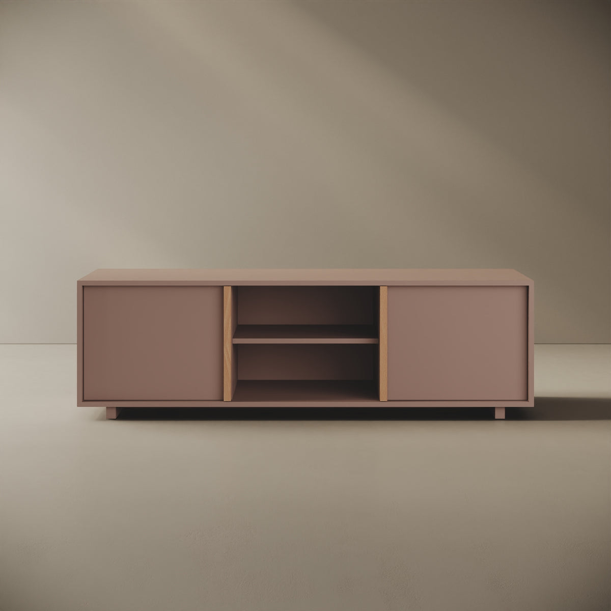 Mobile TV ILE cipria taglia L, vista frontale — legno nobilitato bordato con tagli a 45°, maniglia a filo in faggio naturale, 160×45×50 cm, design Mario Alessiani