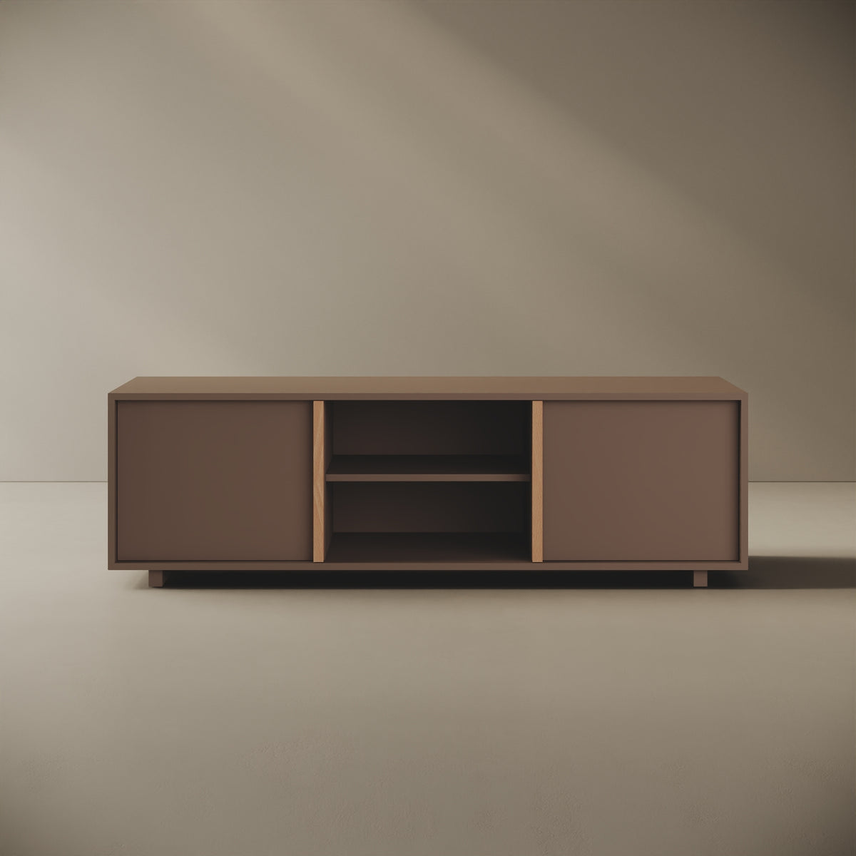 Mobile TV ILE cappuccino taglia L, vista frontale — legno nobilitato bordato con tagli a 45°, maniglia a filo in faggio naturale, 160×45×50 cm, design Mario Alessiani