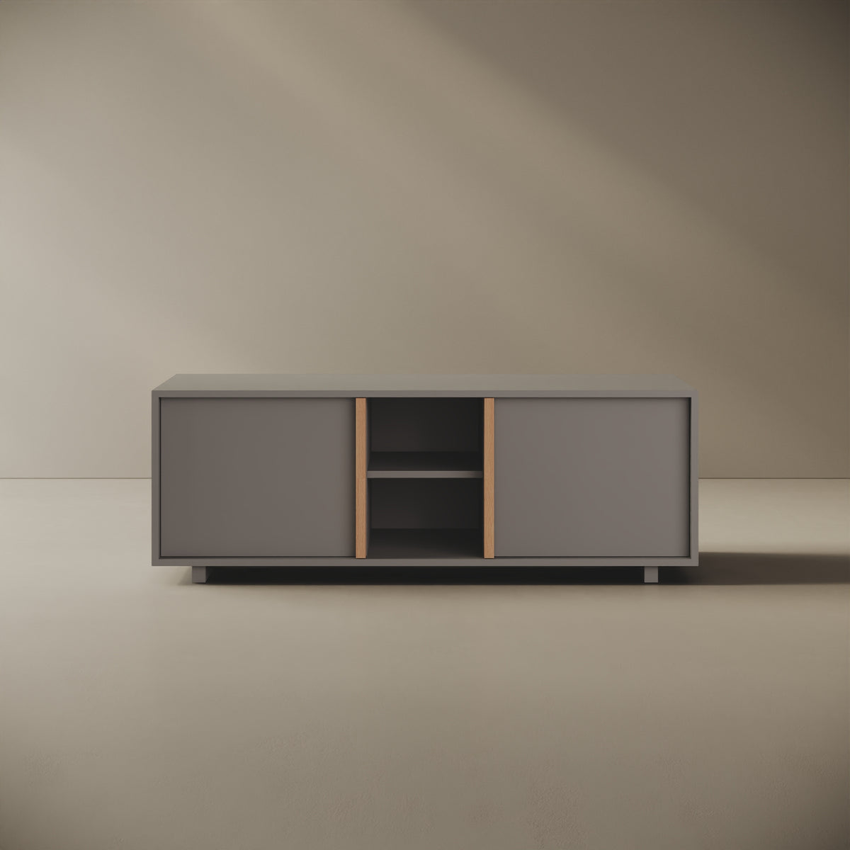Mobile TV ILE grigio taglia M, vista frontale — legno nobilitato bordato con tagli a 45°, maniglia a filo in faggio naturale, 140×45×50 cm, design Mario Alessiani