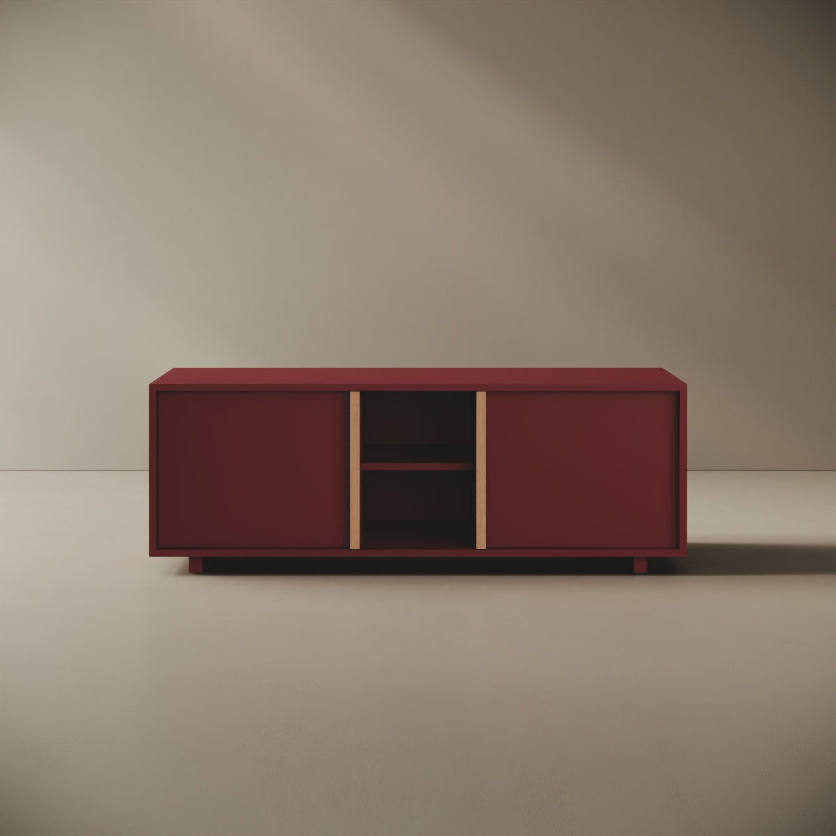 Mobile TV ILE rosso taglia M, vista frontale — legno nobilitato bordato con tagli a 45°, maniglia a filo in faggio naturale, 140×45×50 cm, design Mario Alessiani