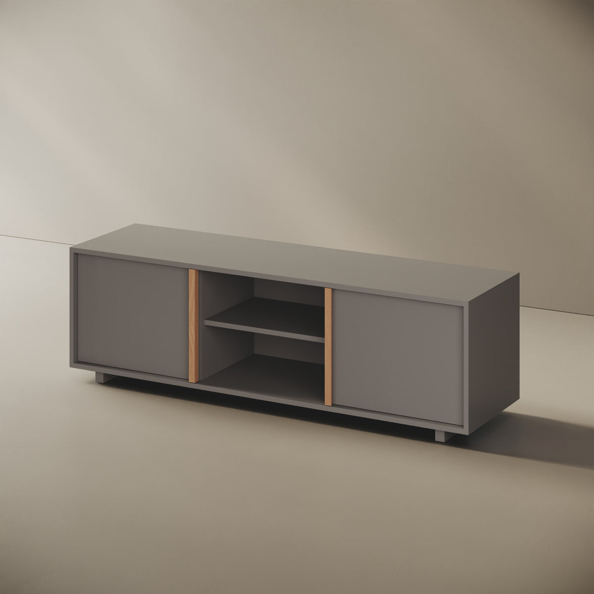 Mobile TV ILE grigio taglia L, vista laterale — struttura compatta in legno nobilitato bordato ABS, volume continuo
