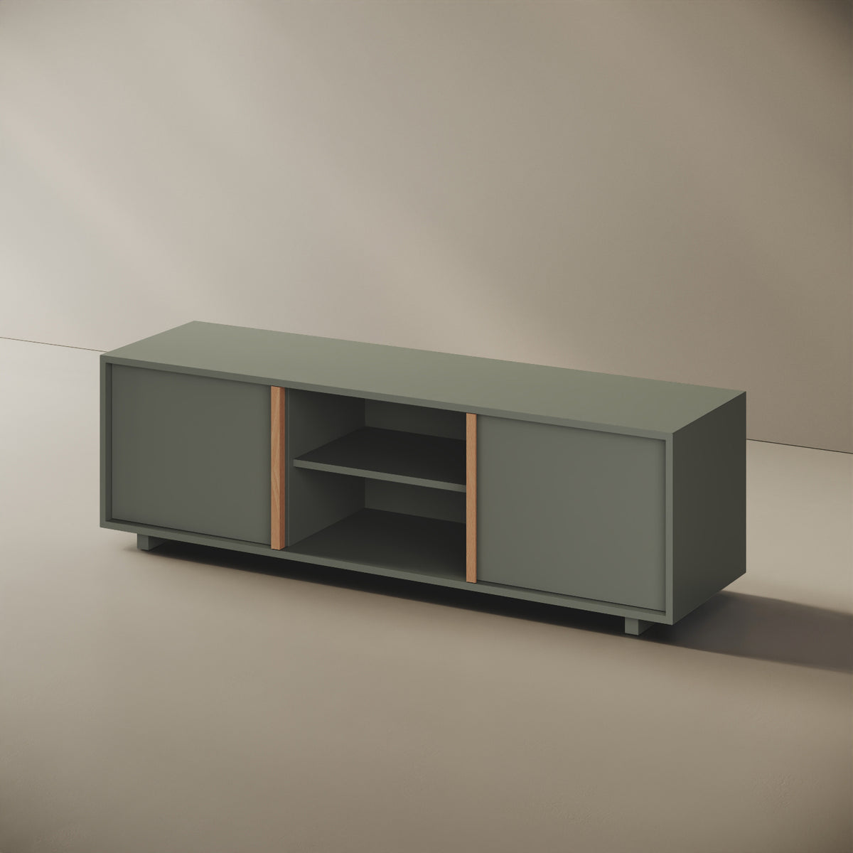 Mobile TV ILE verde taglia L, vista laterale — struttura compatta in legno nobilitato bordato ABS, volume continuo