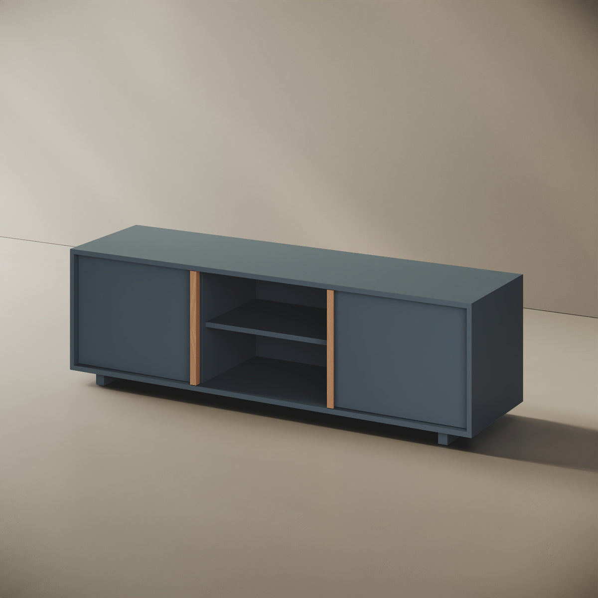 Mobile TV ILE blu taglia L, vista laterale — struttura compatta in legno nobilitato bordato ABS, volume continuo