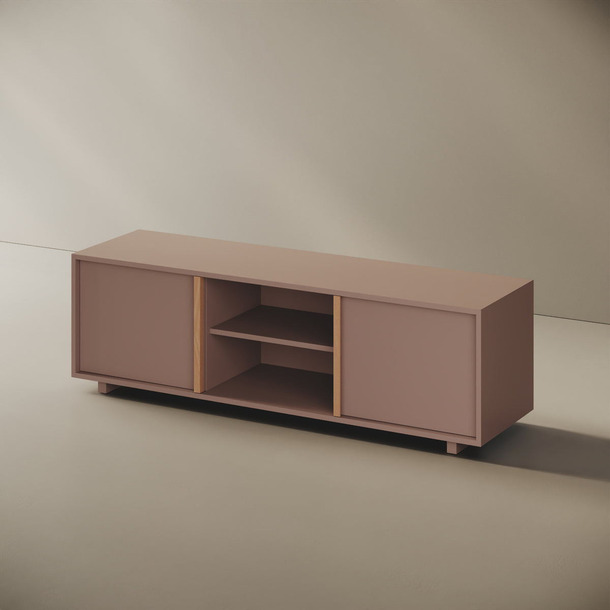 Mobile TV ILE cipria taglia L, vista laterale — struttura compatta in legno nobilitato bordato ABS, volume continuo