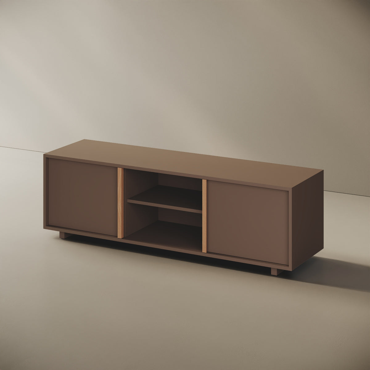 Mobile TV ILE cappuccino taglia L, vista laterale — struttura compatta in legno nobilitato bordato ABS, volume continuo