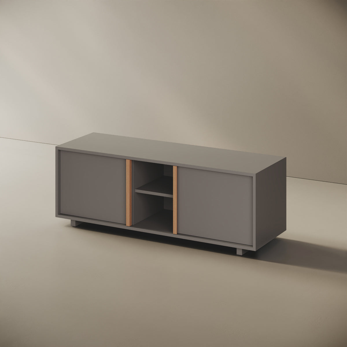 Mobile TV ILE grigio taglia M, vista laterale — struttura compatta in legno nobilitato bordato ABS, volume continuo