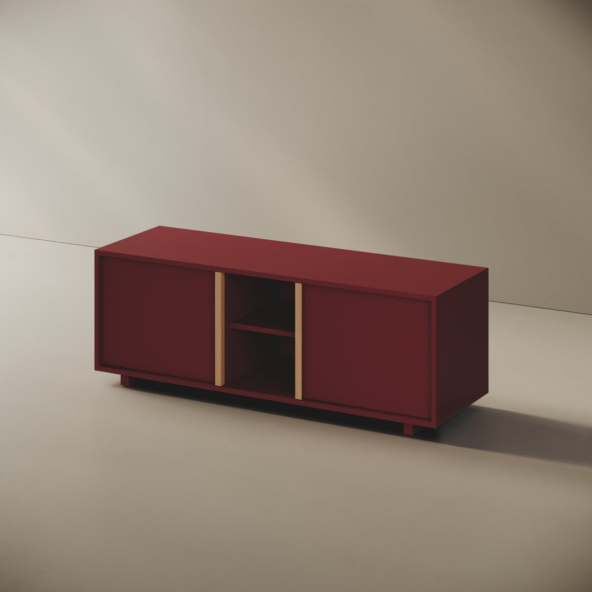 Mobile TV ILE rosso taglia M, vista laterale — struttura compatta in legno nobilitato bordato ABS, volume continuo