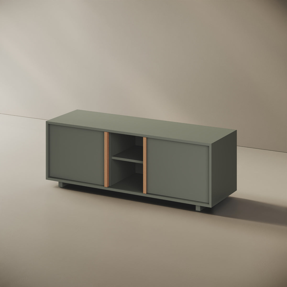 Mobile TV ILE verde taglia M, vista laterale — struttura compatta in legno nobilitato bordato ABS, volume continuo