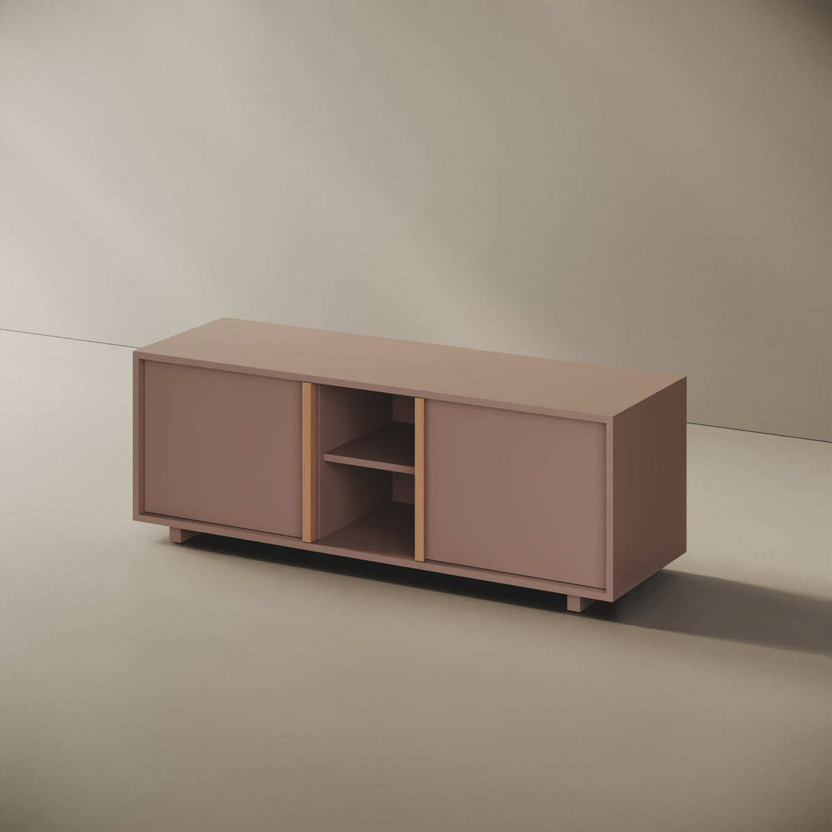 Mobile TV ILE cipria taglia M, vista laterale — struttura compatta in legno nobilitato bordato ABS, volume continuo