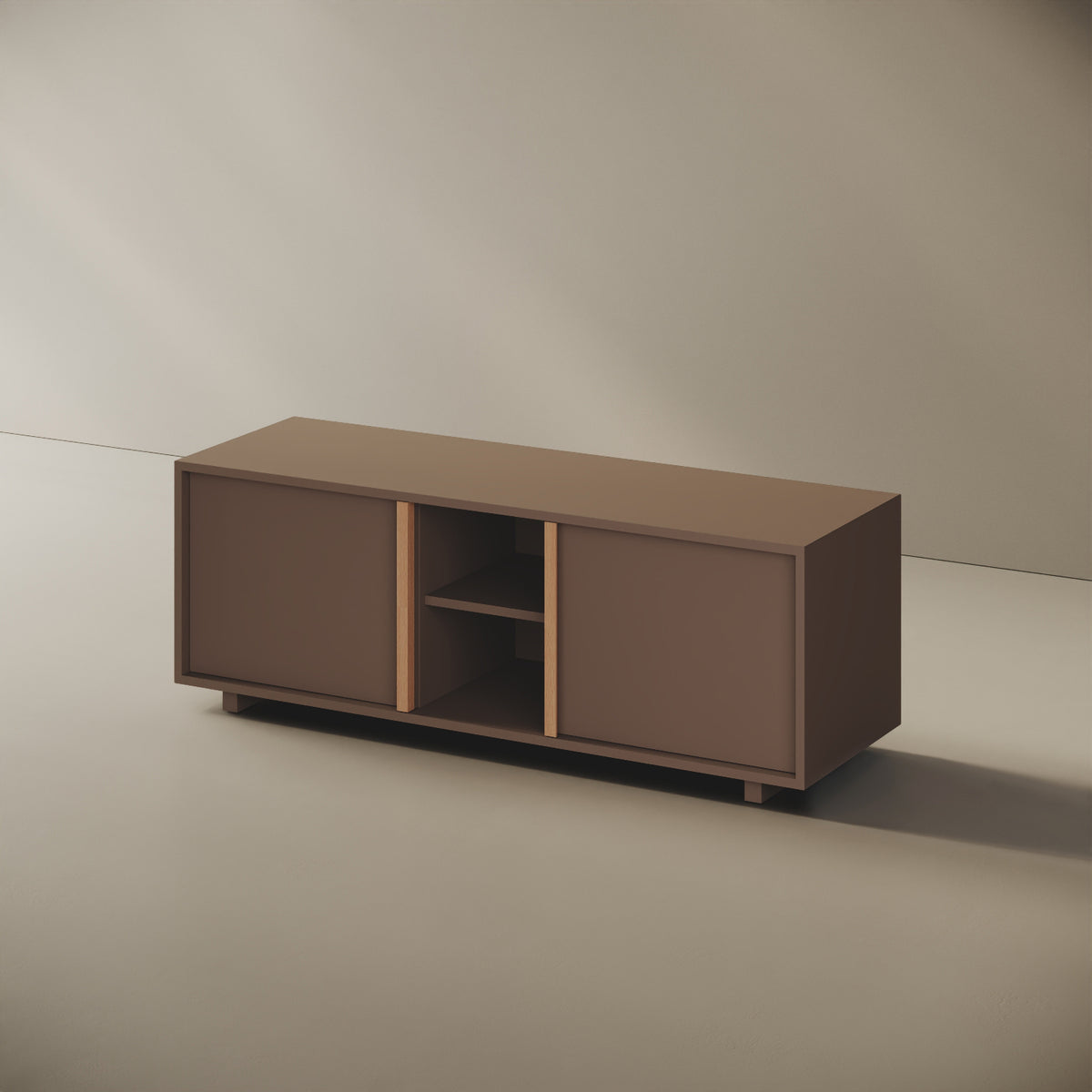 Mobile TV ILE cappuccino taglia M, vista laterale — struttura compatta in legno nobilitato bordato ABS, volume continuo