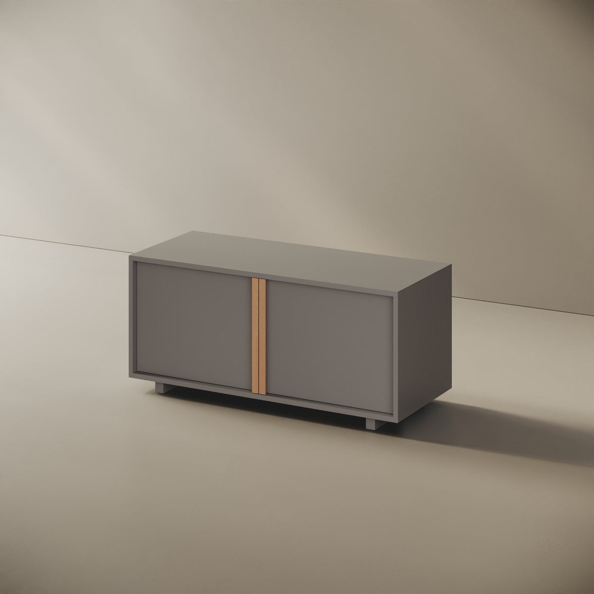 Mobile TV ILE grigio taglia S, vista laterale — struttura compatta in legno nobilitato bordato ABS, volume continuo