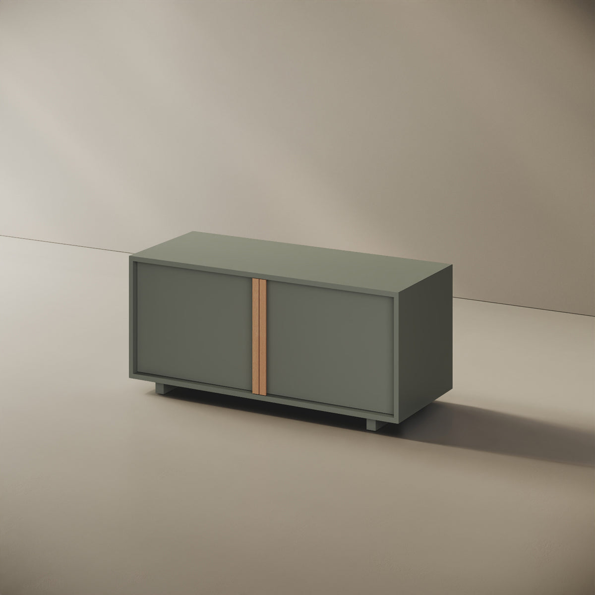 Mobile TV ILE verde taglia S, vista laterale — struttura compatta in legno nobilitato bordato ABS, volume continuo