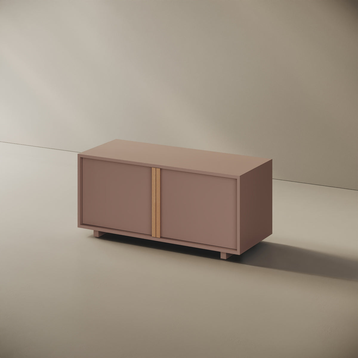 Mobile TV ILE cipria taglia S, vista laterale — struttura compatta in legno nobilitato bordato ABS, volume continuo