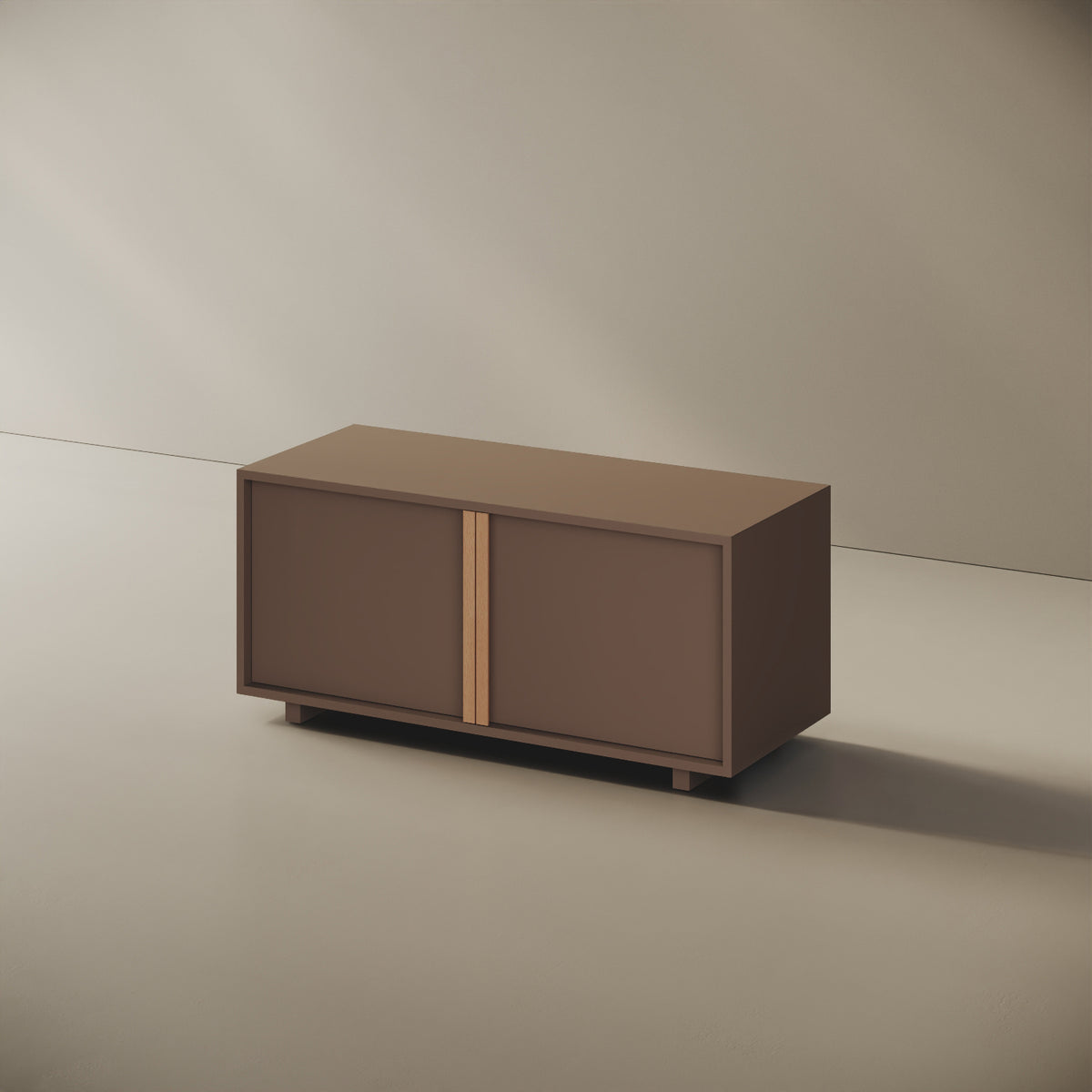 Mobile TV ILE cappuccino taglia S, vista laterale — struttura compatta in legno nobilitato bordato ABS, volume continuo