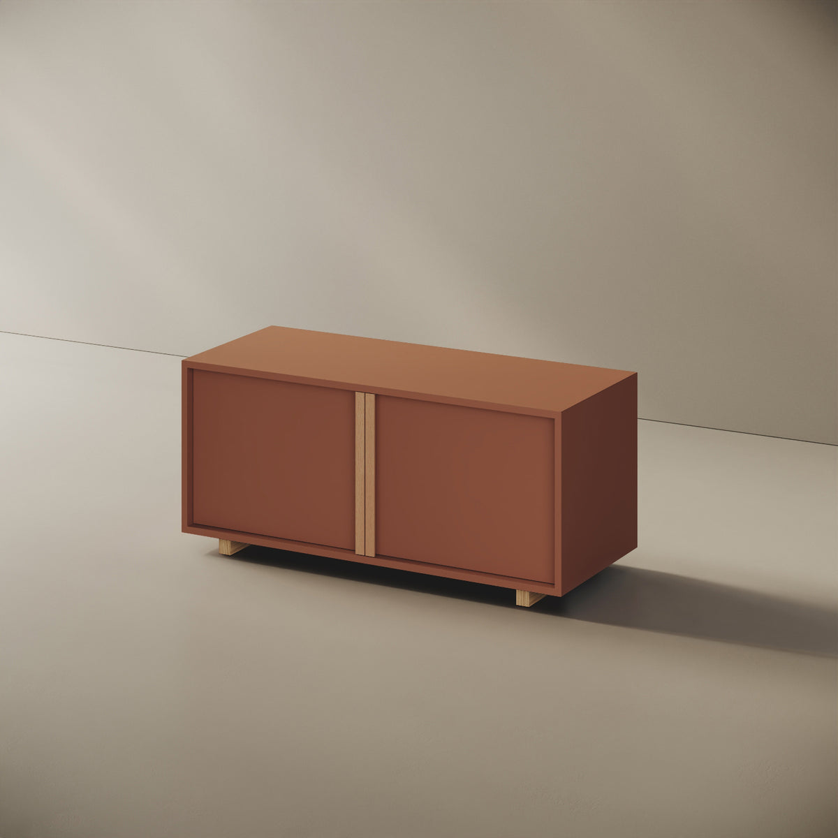 Mobile TV ILE red curry taglia S, vista laterale — struttura compatta in legno nobilitato bordato ABS, volume continuo