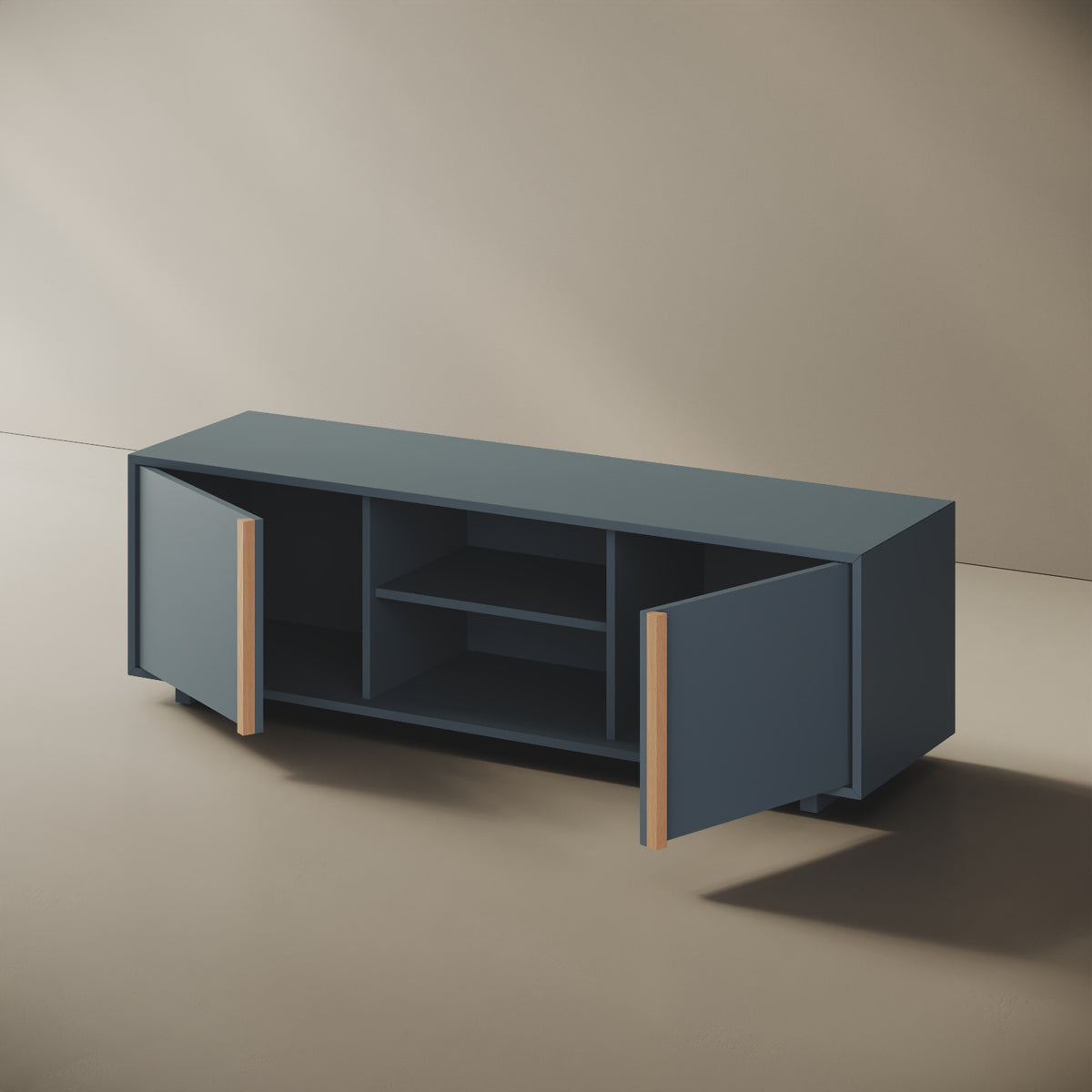 Mobile TV ILE blu taglia L, dettaglio della finitura in legno nobilitato blu e bordi ABS in tinta