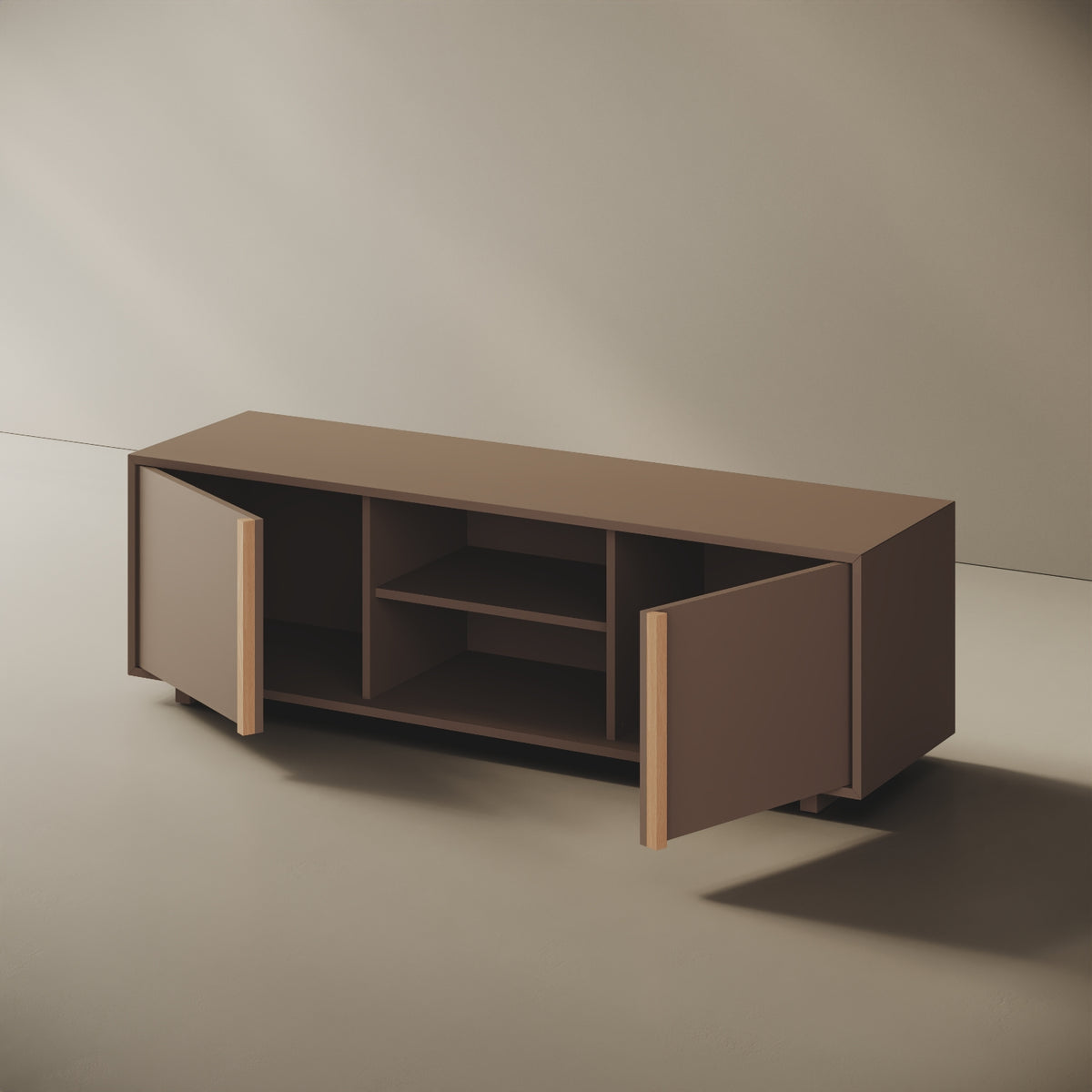 Mobile TV ILE cappuccino taglia L, dettaglio della finitura in legno nobilitato cappuccino e bordi ABS in tinta