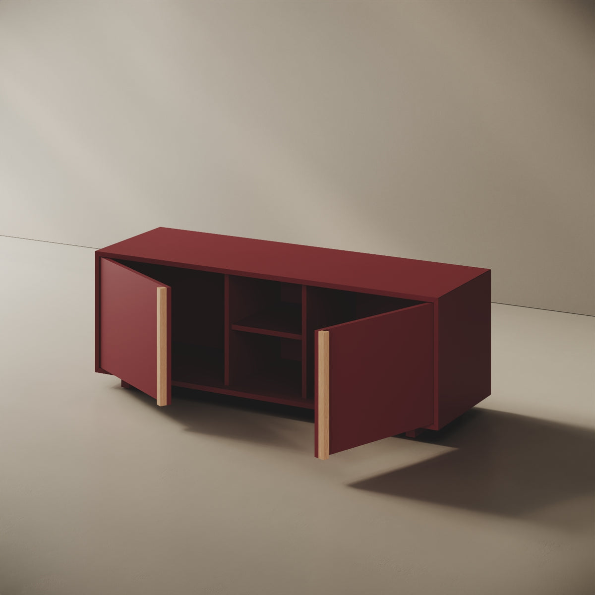 Mobile TV ILE rosso taglia M, dettaglio della finitura in legno nobilitato rosso e bordi ABS in tinta