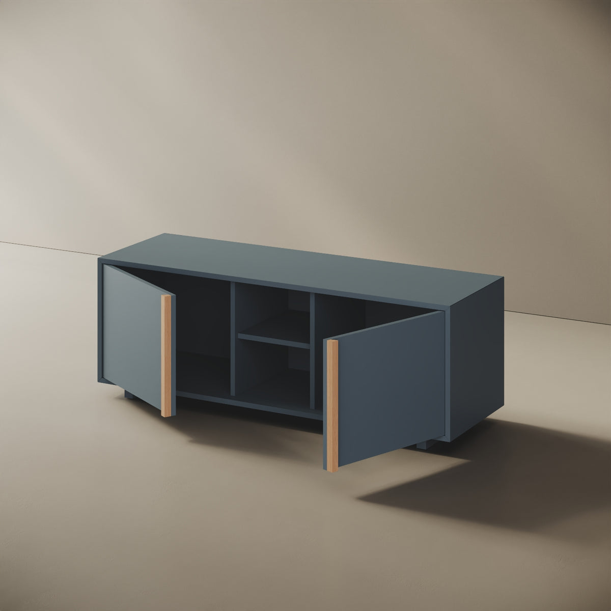Mobile TV ILE blu taglia M, dettaglio della finitura in legno nobilitato blu e bordi ABS in tinta