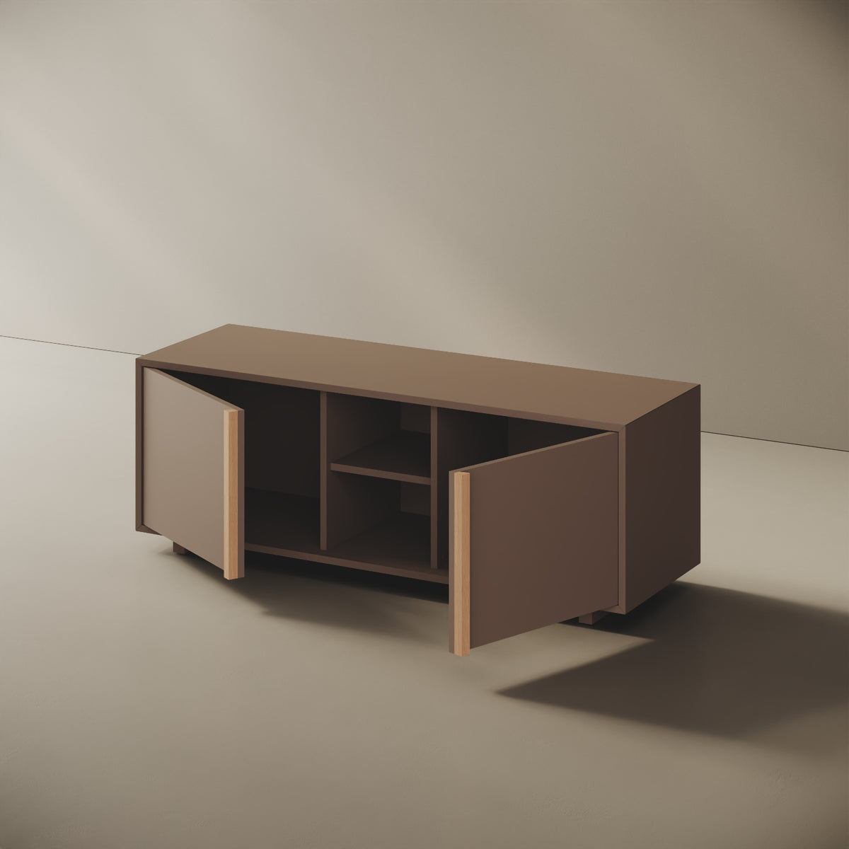 Mobile TV ILE cappuccino taglia M, dettaglio della finitura in legno nobilitato cappuccino e bordi ABS in tinta