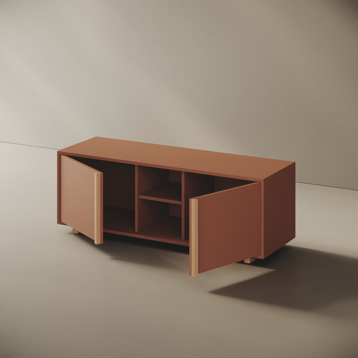 Mobile TV ILE red curry taglia M, dettaglio della finitura in legno nobilitato red curry e bordi ABS in tinta