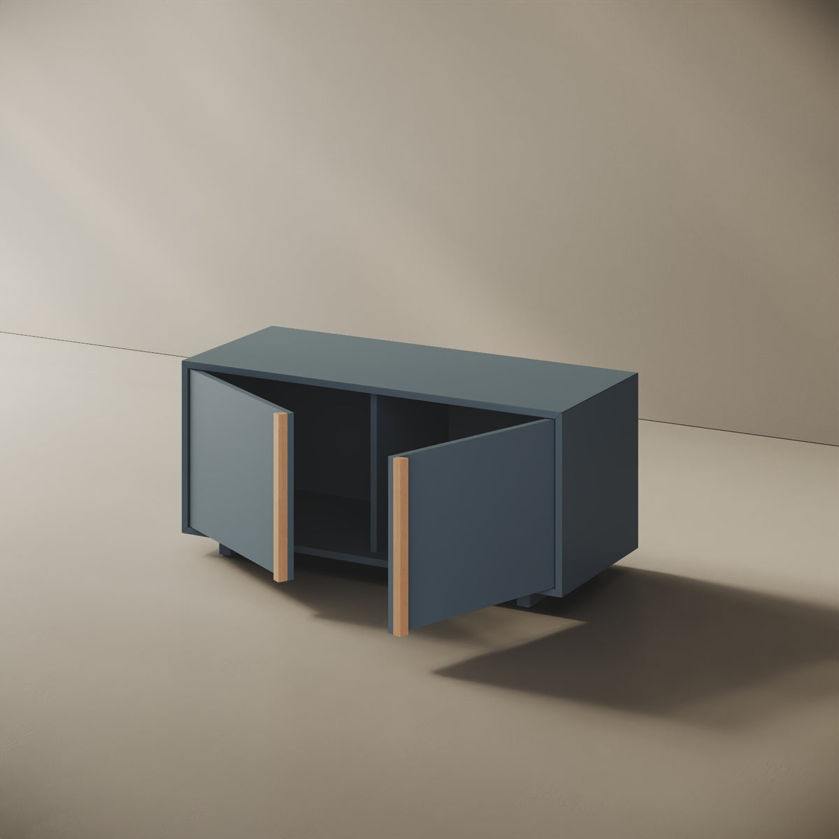 Mobile TV ILE blu taglia S, dettaglio della finitura in legno nobilitato blu e bordi ABS in tinta