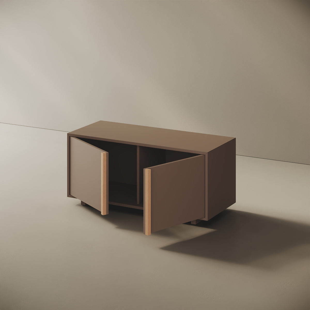 Mobile TV ILE cappuccino taglia S, dettaglio della finitura in legno nobilitato cappuccino e bordi ABS in tinta