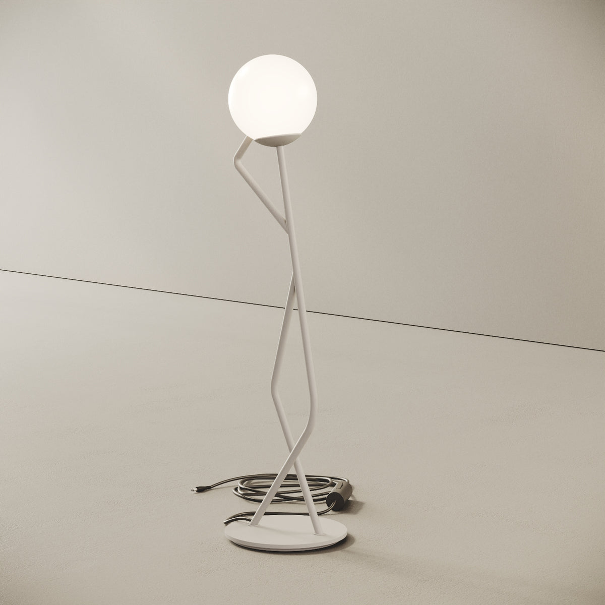 OMINO lampada da tavolo bianco finitura Poser, vista laterale — asta in ottone verniciato bianco che sostiene la sfera in vetro opalino
