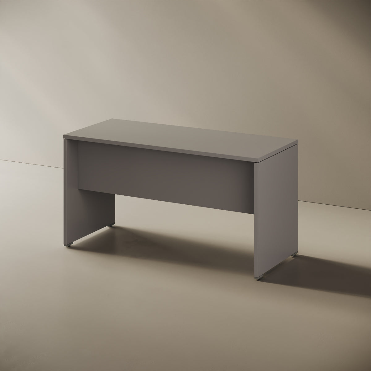 Scrivania OXI grigio 140x80 cm, vista laterale — fianchi pannellati in legno nobilitato con bordi ABS in tinta