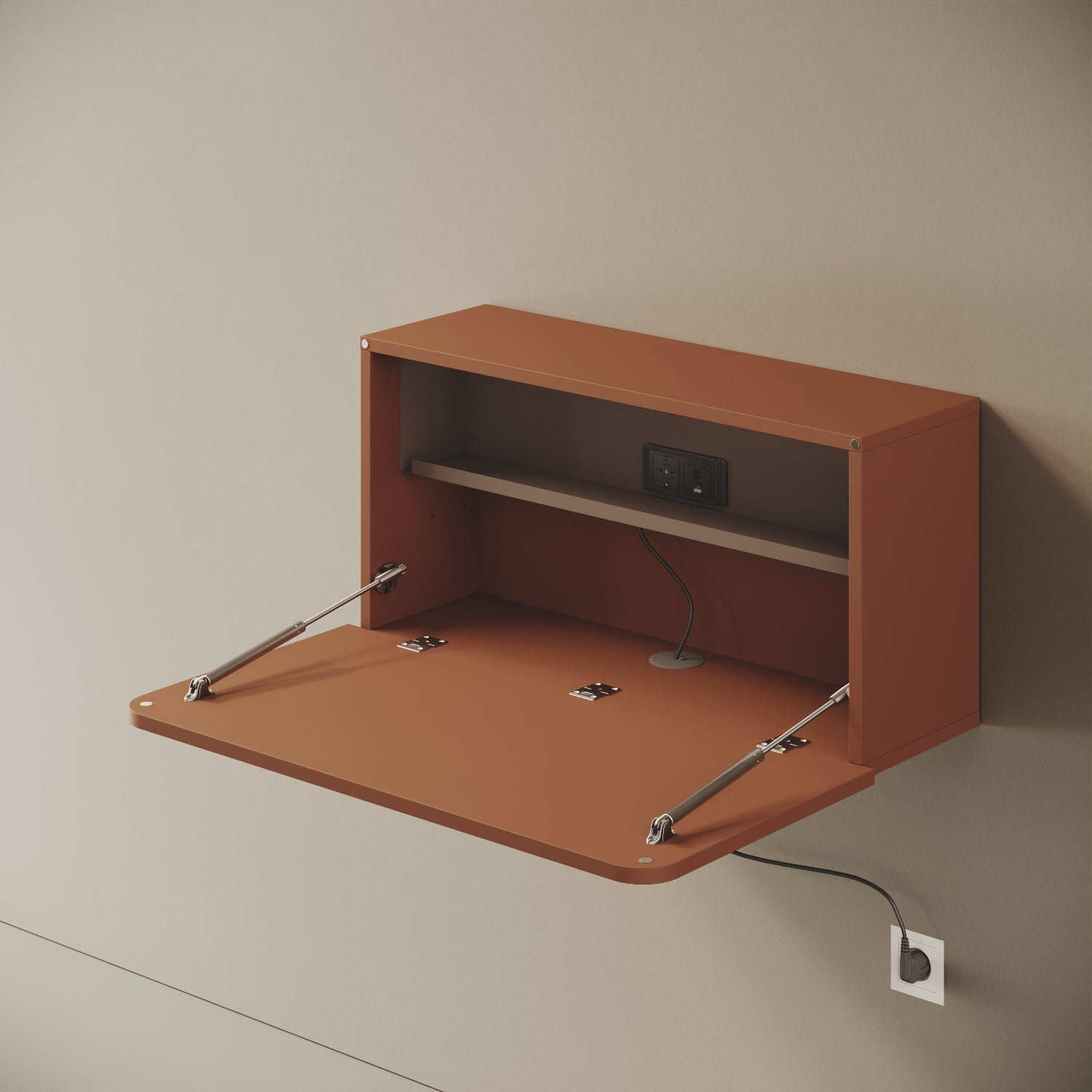 Scrittoio Segno red curry elettrificato aperto, vista laterale – piano 84x42 cm, presa e USB integrati