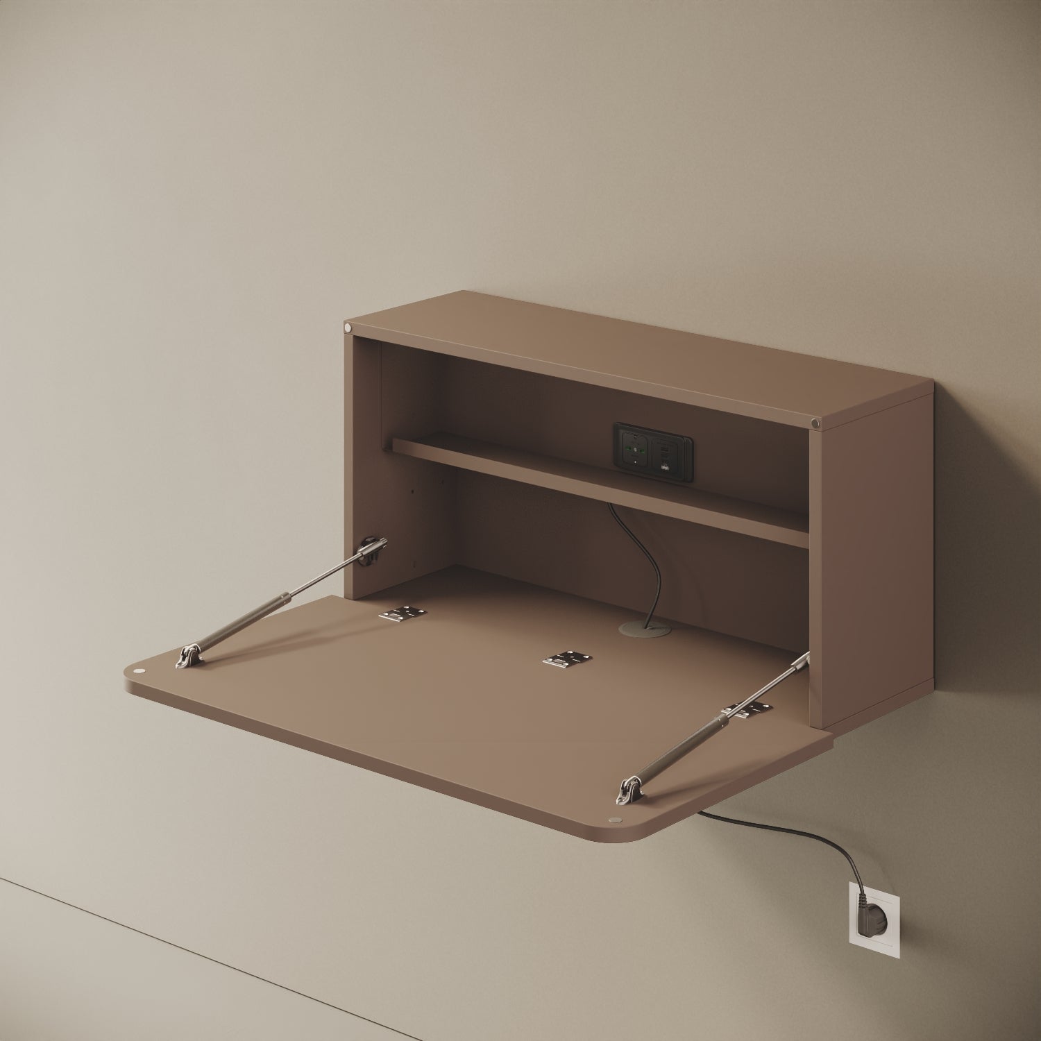 Scrittoio Segno cappuccino elettrificato aperto, vista laterale – piano 84x42 cm, presa e USB integrati