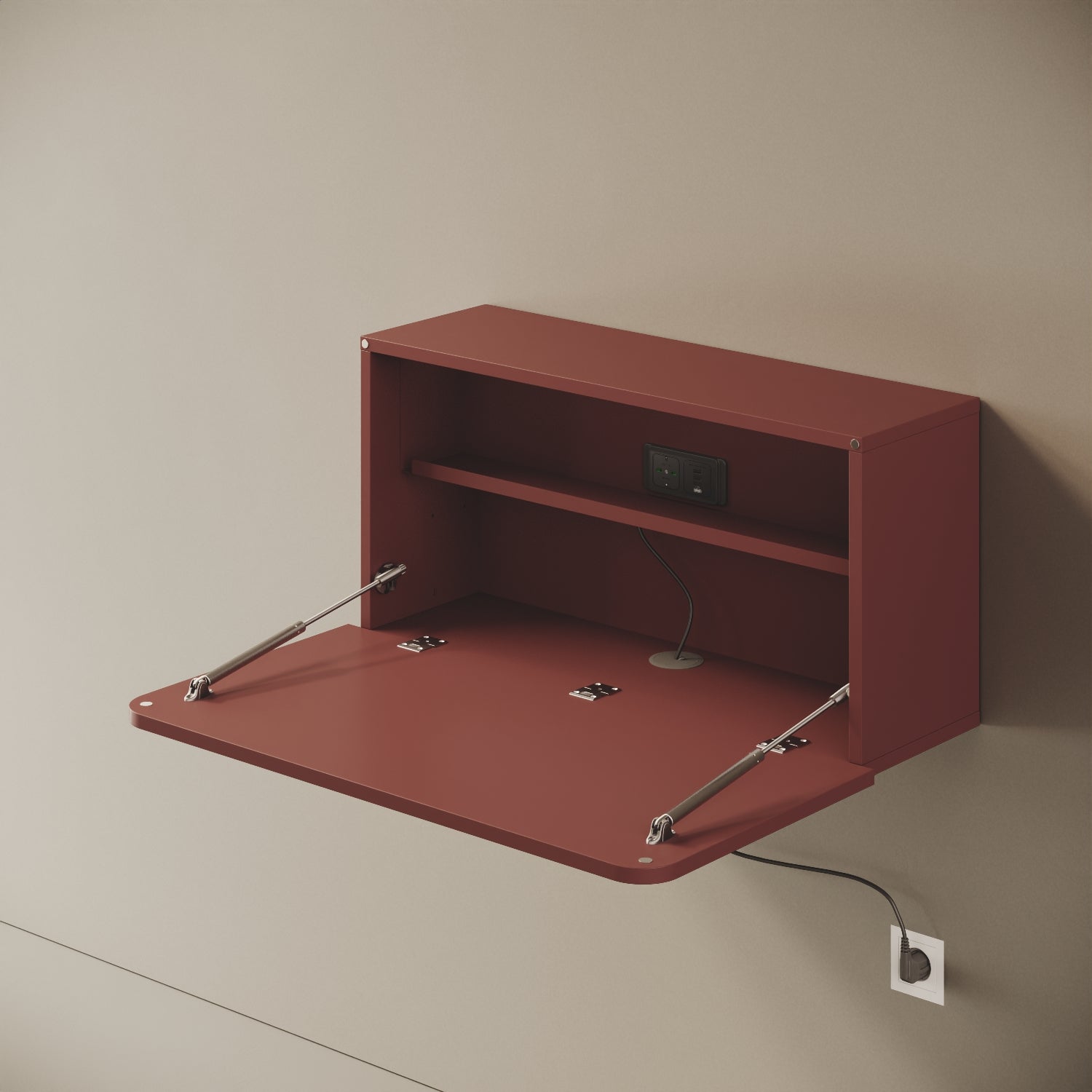 Scrittoio Segno rosso elettrificato aperto, vista laterale – piano 84x42 cm, presa e USB integrati