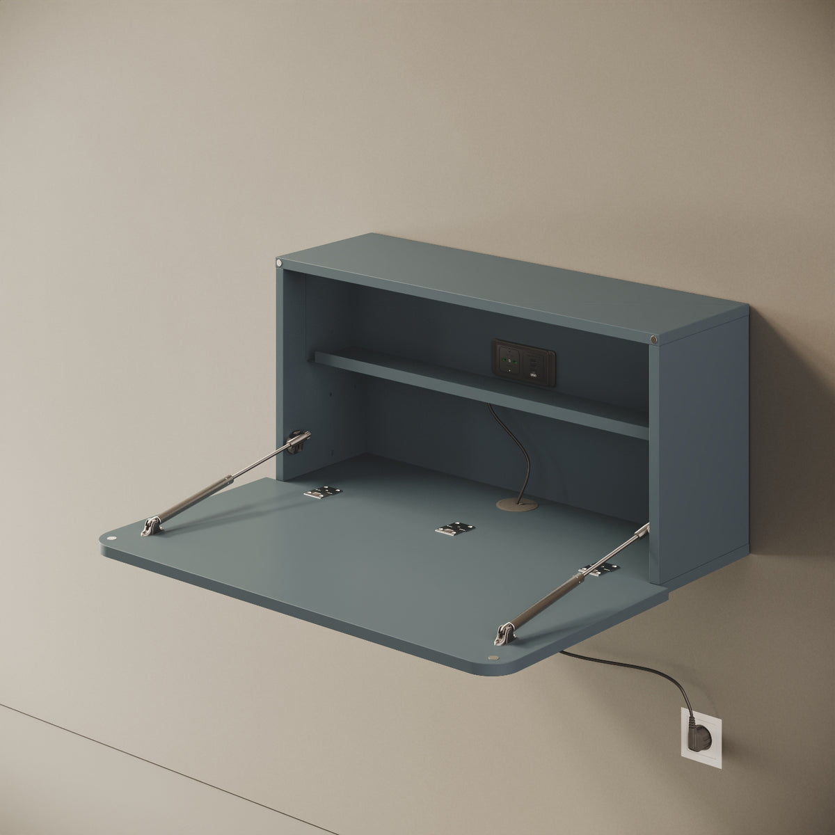 Scrittoio Segno blu elettrificato aperto, vista laterale – piano 84x42 cm, presa e USB integrati