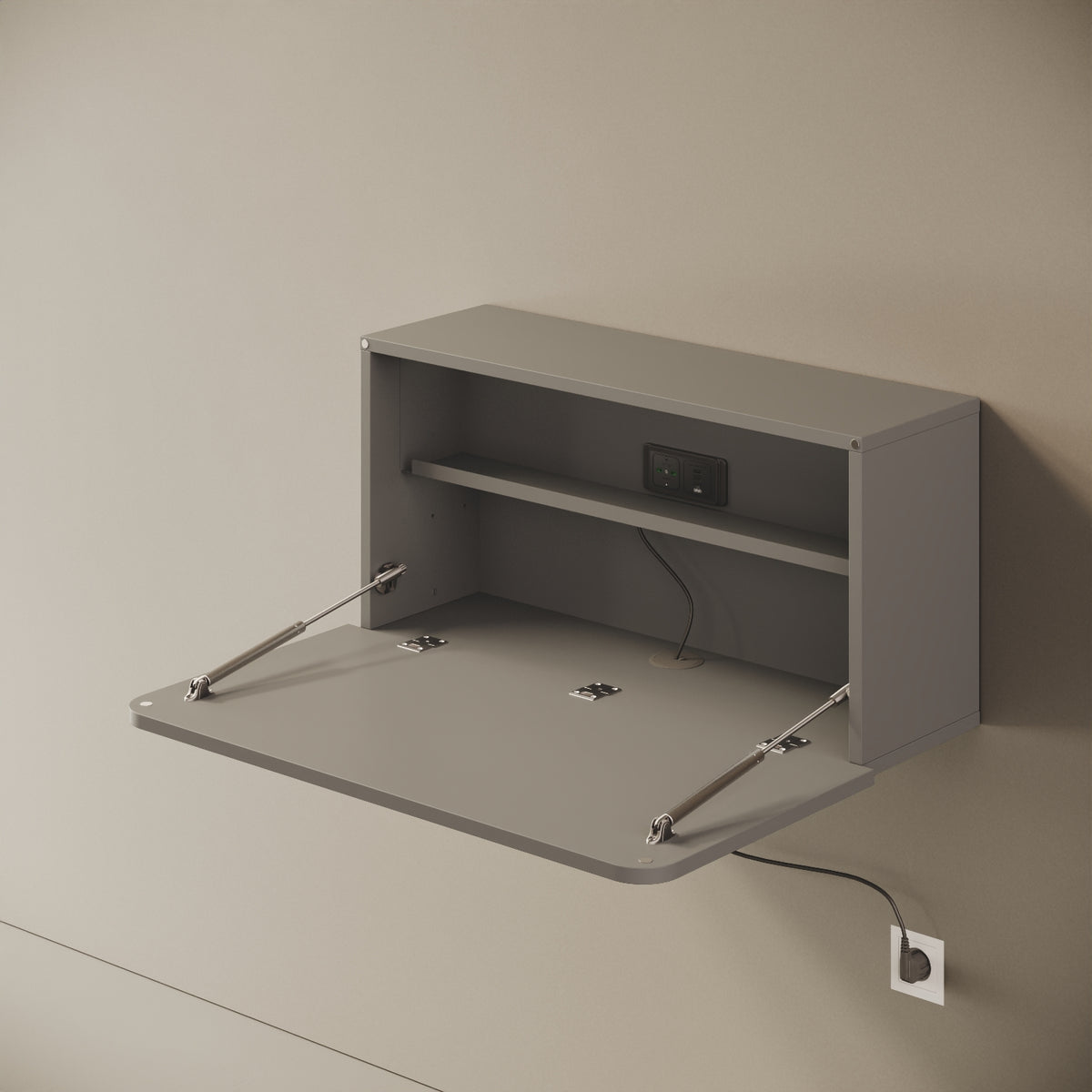 Scrittoio Segno grigio elettrificato aperto, vista laterale – piano 84x42 cm, presa e USB integrati