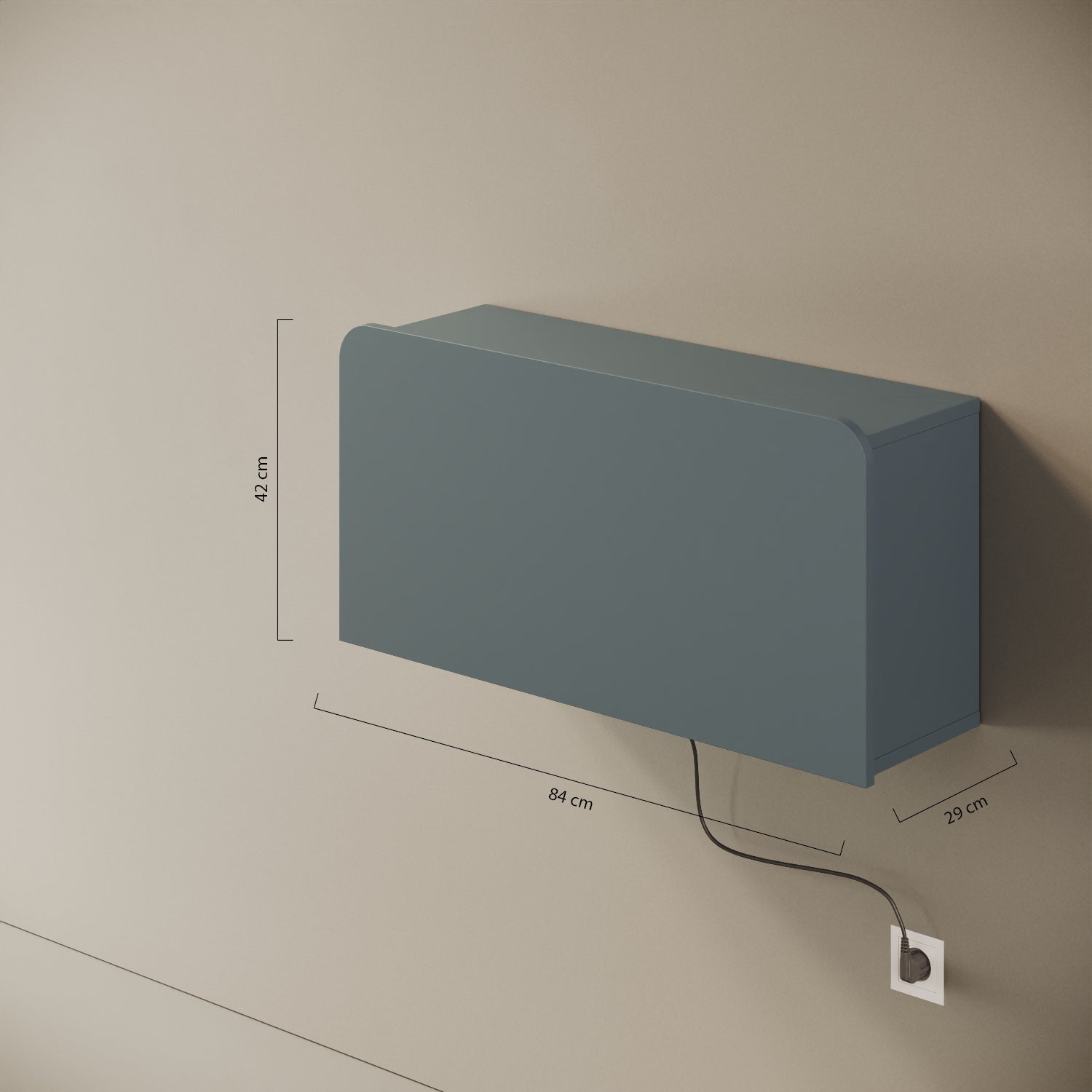 Scrittoio Segno blu elettrificato chiuso – misure 84x29x42 cm, cavo e presa a parete
