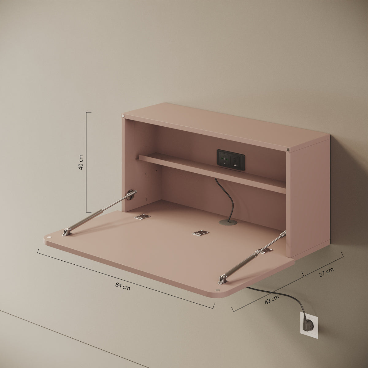 Scrittoio Segno cipria elettrificato aperto – misure 84x42x40 cm, presa USB-A e USB-C integrati