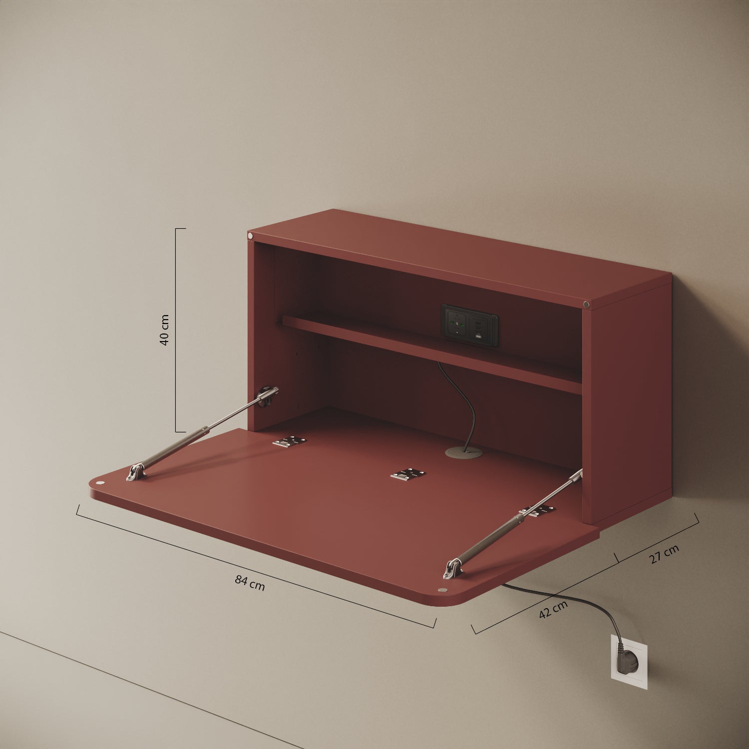 Scrittoio Segno rosso elettrificato aperto – misure 84x42x40 cm, presa USB-A e USB-C integrati