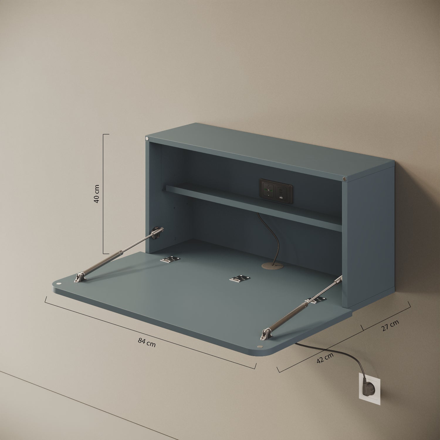 Scrittoio Segno blu elettrificato aperto – misure 84x42x40 cm, presa USB-A e USB-C integrati