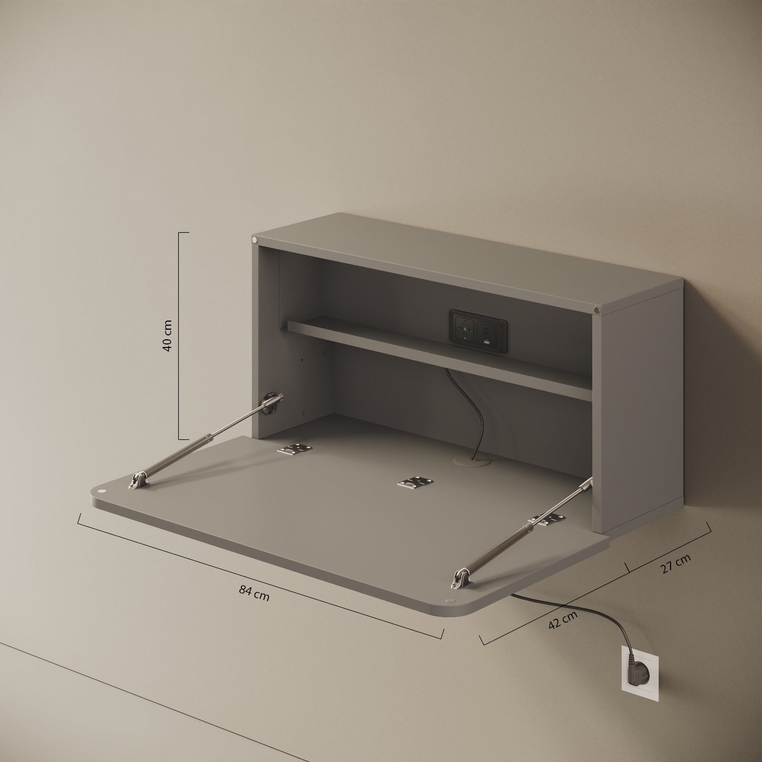 Scrittoio Segno grigio elettrificato aperto – misure 84x42x40 cm, presa USB-A e USB-C integrati
