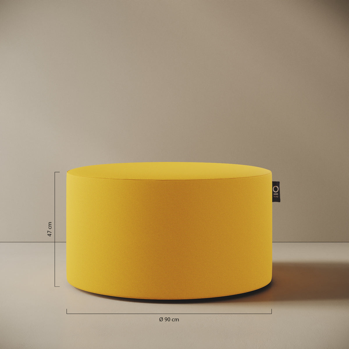 Pouf Comodo giallo taglia L Ø 90 × H 47 cm — dettaglio del rivestimento in tessuto acrilico e delle cuciture rinforzate