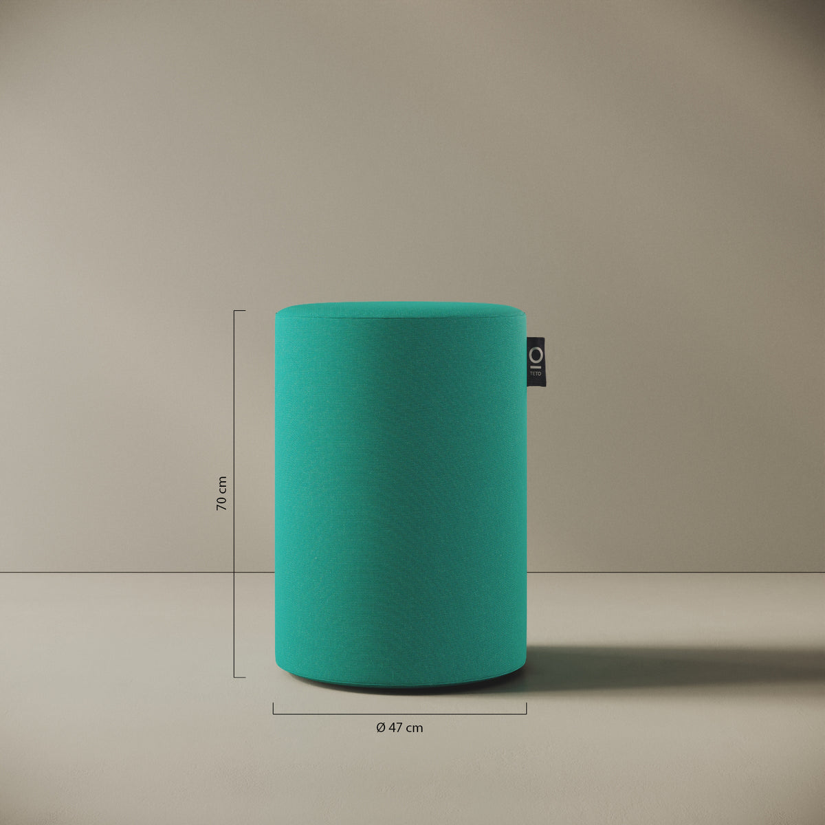 Pouf Comodo turchese taglia M Ø 47 × H 70 cm — dettaglio del rivestimento in tessuto acrilico e delle cuciture rinforzate