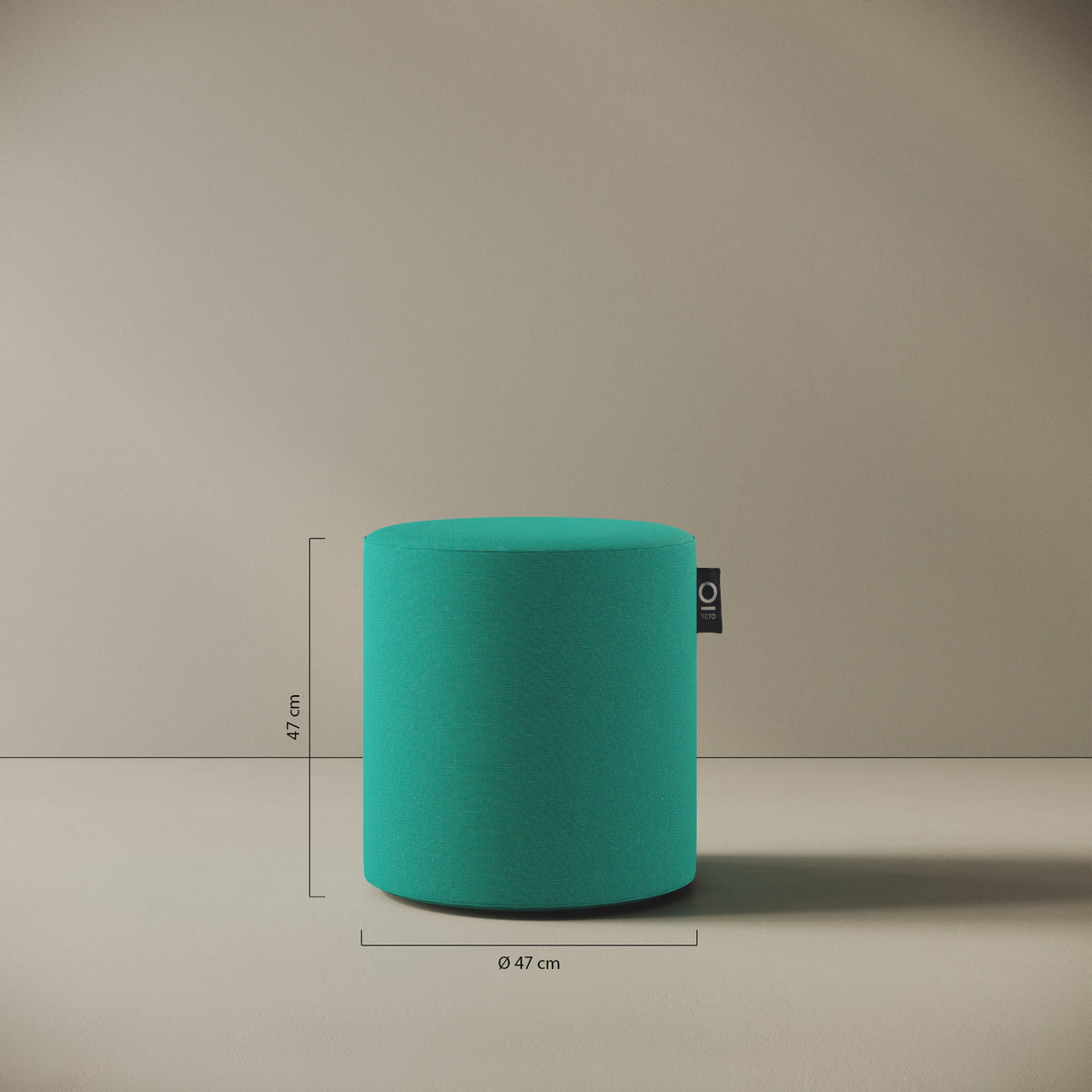 Pouf Comodo turchese taglia S Ø 47 × H 47 cm — dettaglio del rivestimento in tessuto acrilico e delle cuciture rinforzate