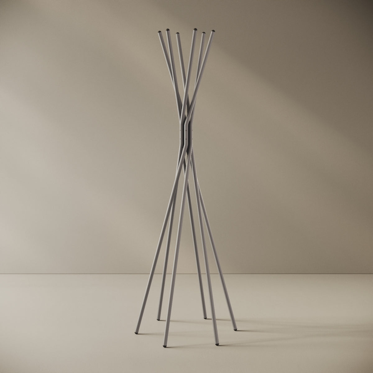 Appendiabiti a terra Tree grigio, vista frontale — ferro verniciato a polveri epossipoliestere, struttura ad albero h 177 cm, base Ø 60 cm con 6 bracci portaoggetti
