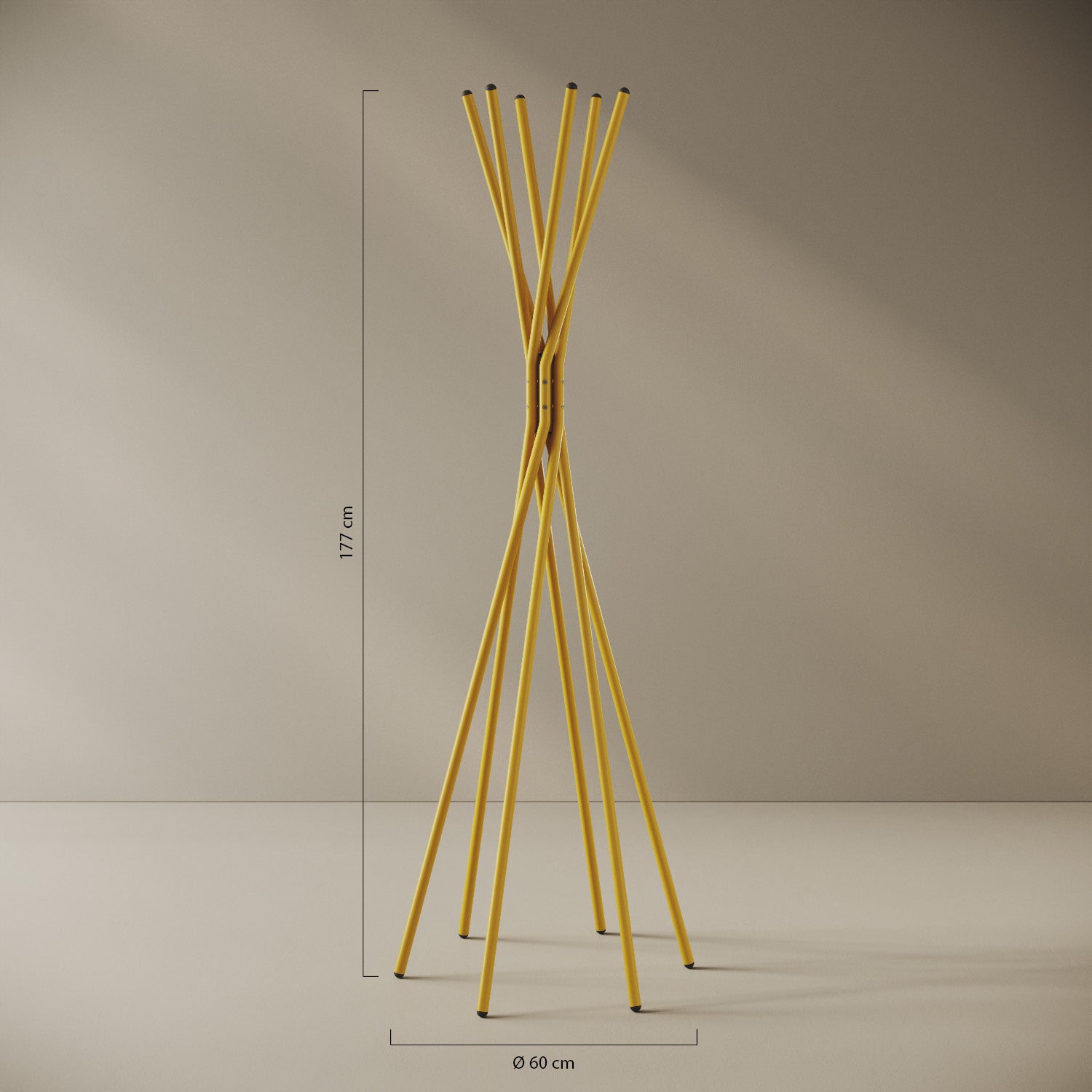 Appendiabiti a terra Tree giallo — design ad albero, scheda tecnica e caratteristiche in ferro verniciato a polveri epossipoliestere